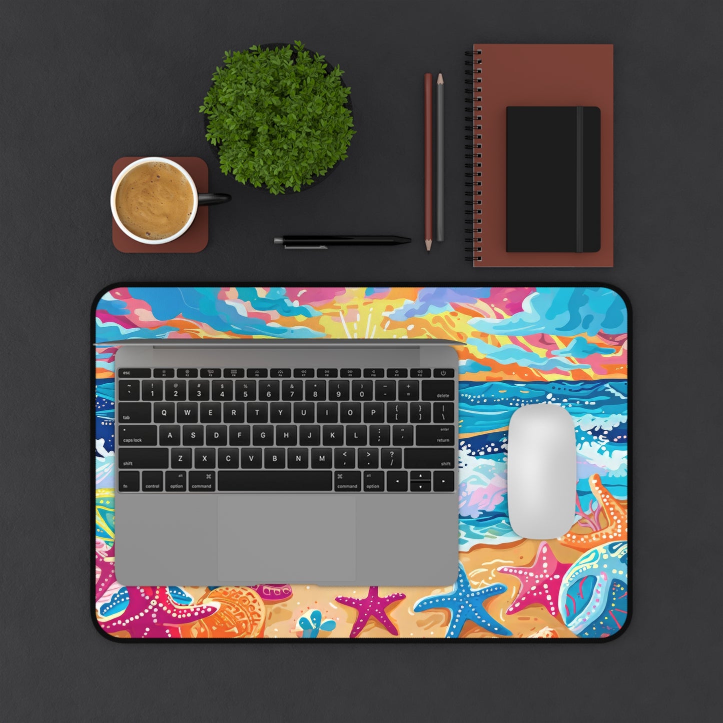 Vibrant Seaside Morning Layers of Energetic Waves, a Radiant Sun, and Colorful Seashells Extended Gaming Mouse Pad  Desk Mat  - 3 Sizes