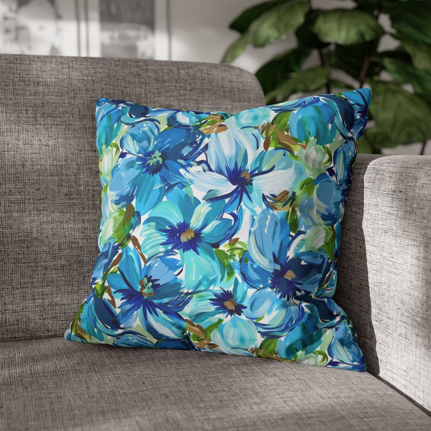 Large Blue Watercolor Flowers with Gentle Accents of Brown and Green Spun Polyester Square Pillowcase 4 Sizes