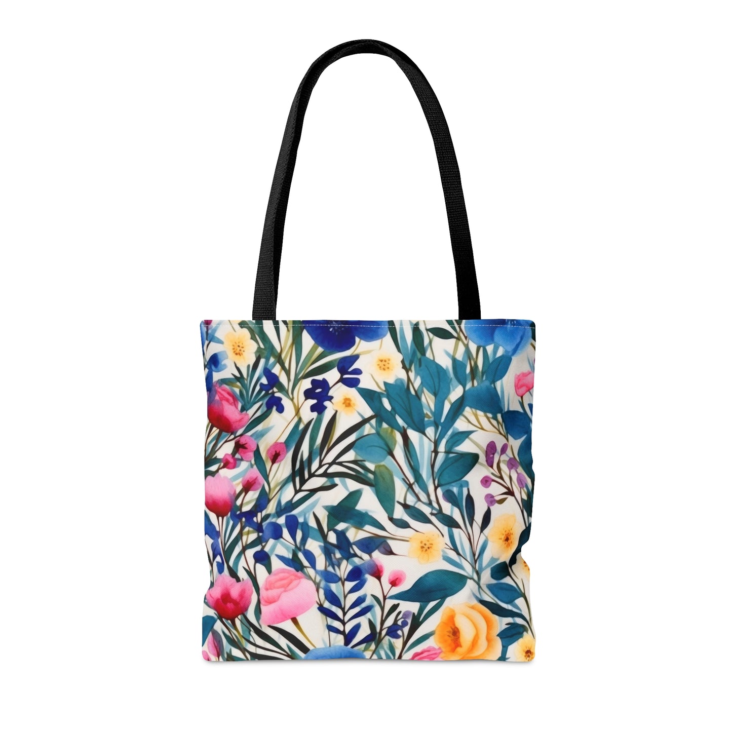 Blooming Brilliance: Large Watercolor Floral Design in Blue, Yellow, and Pink  - Canvas Tote 3 Sizes