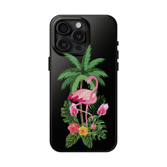 Tropical Pink Flamingo and Flowers Black Background Iphone Tough Phone Case