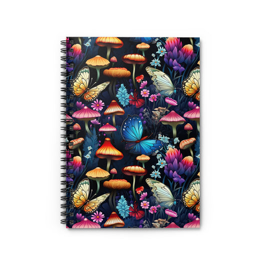 Neon Nocturne: Illuminated Butterfly and Mushroom Silhouettes Against the Night Sky - Spiral Ruled Line Notebook 6"x8"