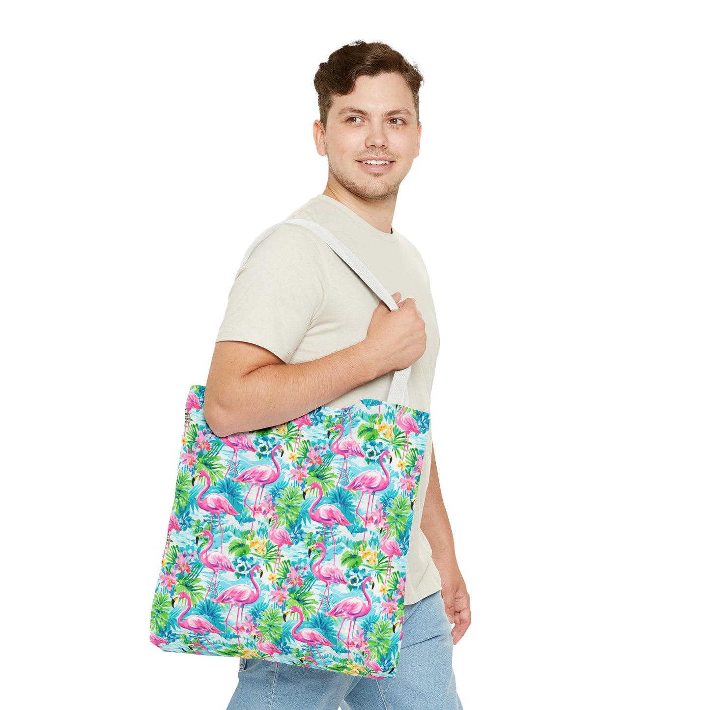 Tropical Flamingo Haven: Surrounded by Flowers and Palm Trees Canvas Tote Bag 3 Sizes