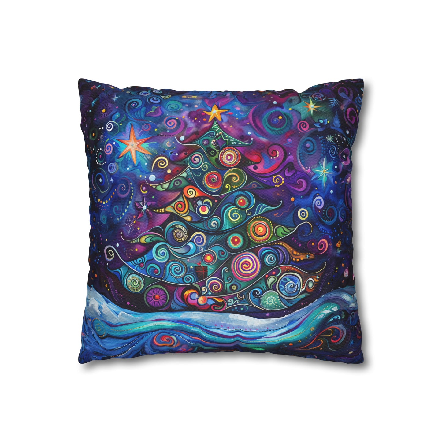 Christmas Tree in Magical Purple Hues, Sparkling Amidst Vibrant Stars Spun Polyester Square Pillowcase 4 Sizes