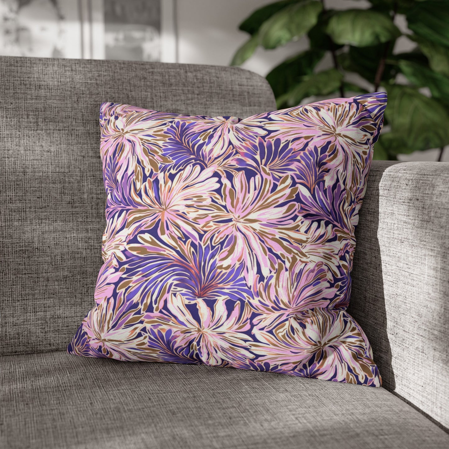 Gilded Blooms: Purple, Pink, and Gold Abstract Watercolor Flowers Spun Polyester Square Pillowcase 4 Sizes