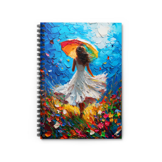 Spring Sunshine Women Swirling in White Dress in Field of Flowers - Spiral Notebook Ruled Line 6"x8"