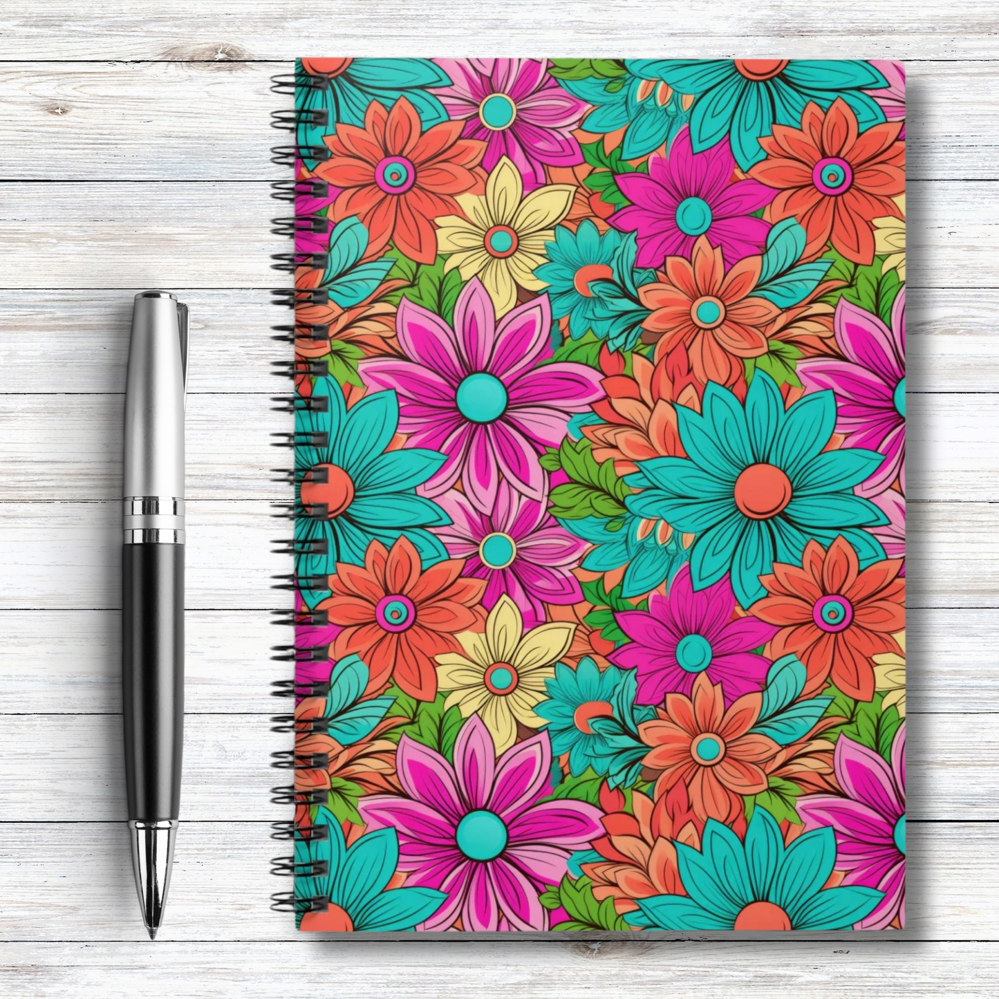 Vibrant Retro Daisy Design - Spiral Ruled Line Notebook 6"x8"