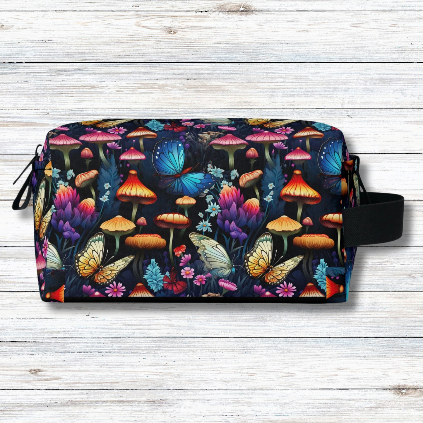 Neon Nocturne: Illuminated Butterfly and Mushroom Silhouettes Against the Night Sky - Toiletry Bag