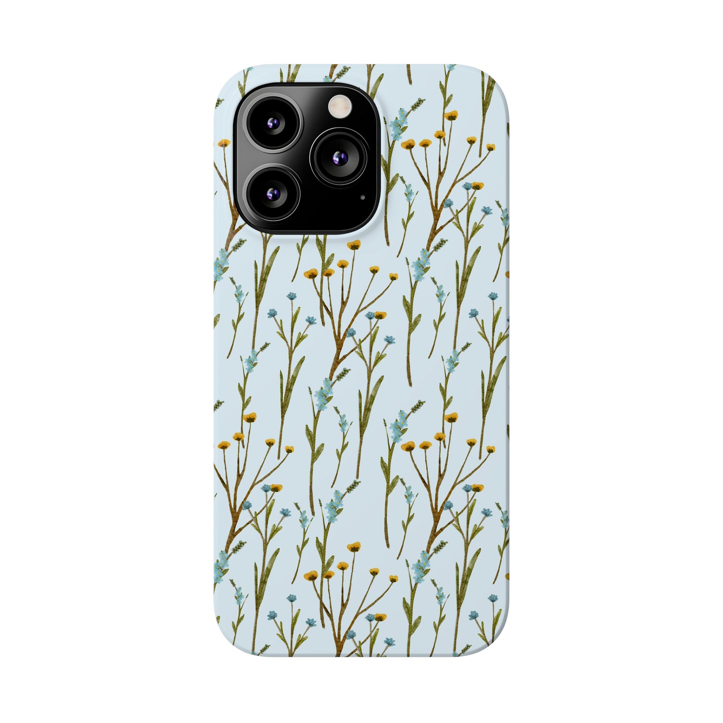 Delicate Blue and Yellow Wildflowers on a Light Blue Background Design Iphone 15-12 Slim Phone Case