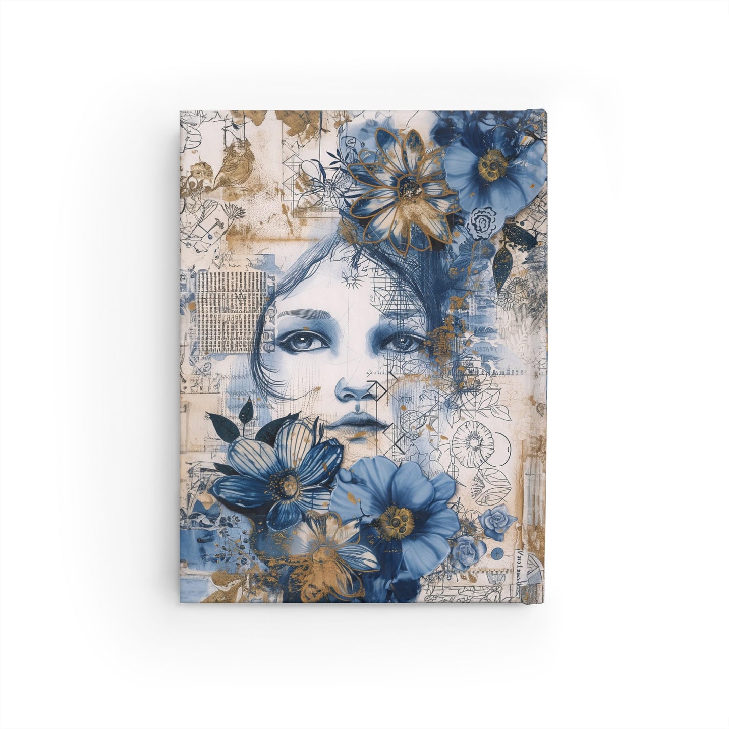 Woman's Enigmatic Gaze Amidst a Sea of Blue Flowers - Hardcover Ruled Line Journal 5" x 7"