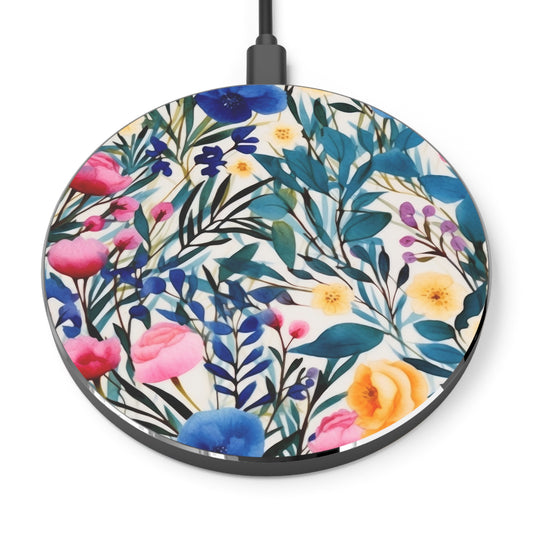 Blooming Brilliance: Large Watercolor Floral Design in Blue, Yellow, and Pink Wireless Cell Phone 10W Charger