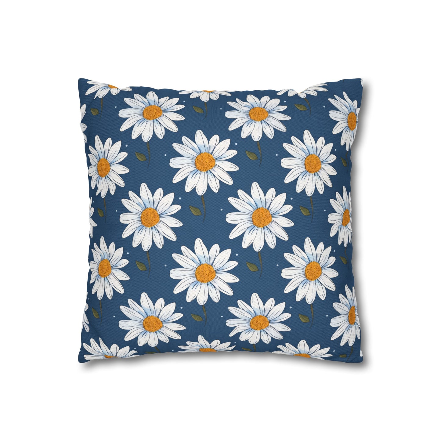 Elegant White Daisies on Navy Blue Background Spun Polyester Square Pillowcase 4 Sizes