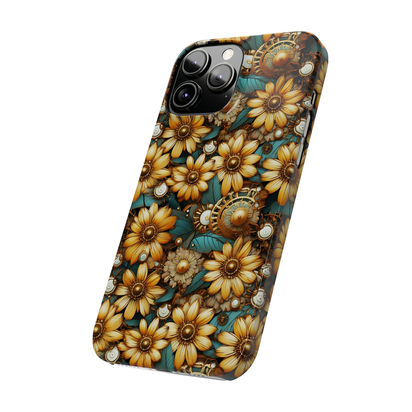 Victorian Steampunk Gold Flowers Teal Background with Gears and Mechanical Elements Iphone 15-12 Slim Phone Case