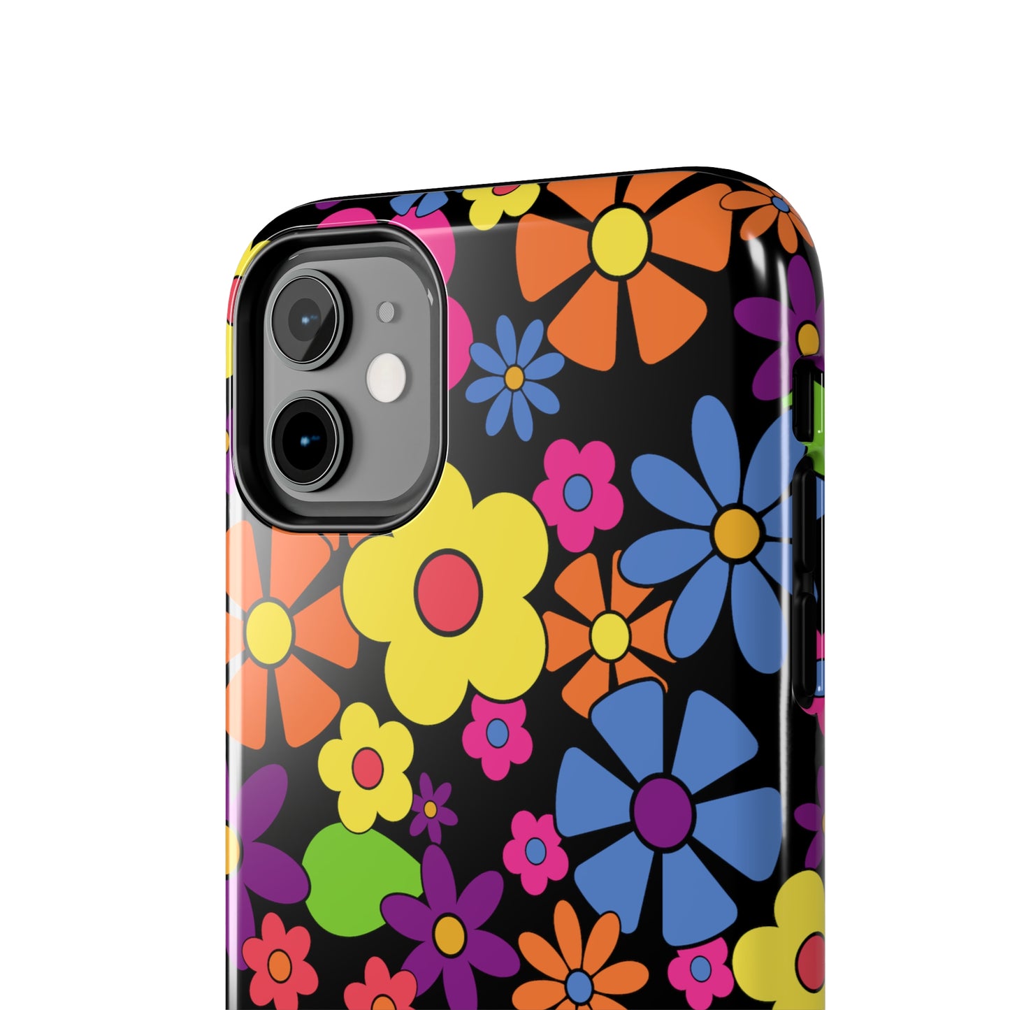 Flower Power Design on Black Background Iphone Tough Phone Case