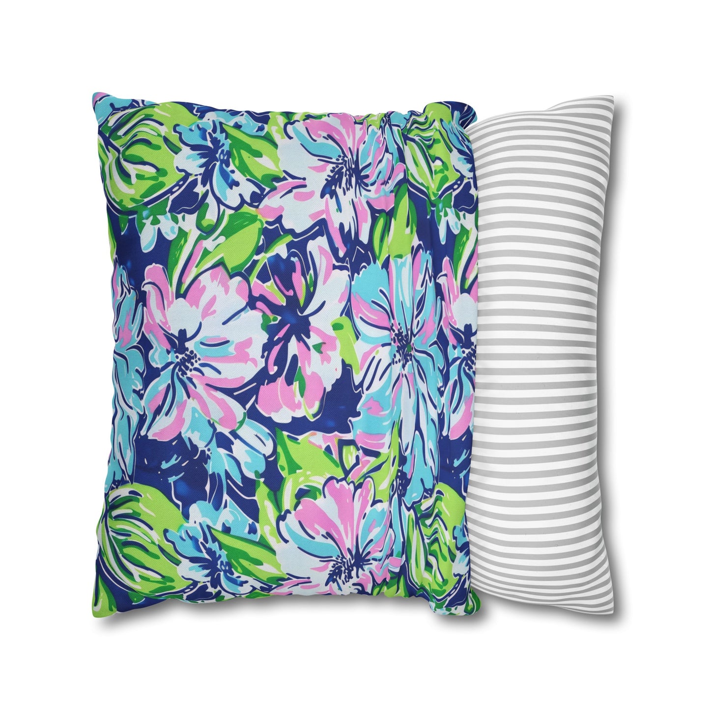 Seaside Coastal Pink, Navy, and Green Tropical Blooms Spun Polyester Square Pillowcase 4 Sizes