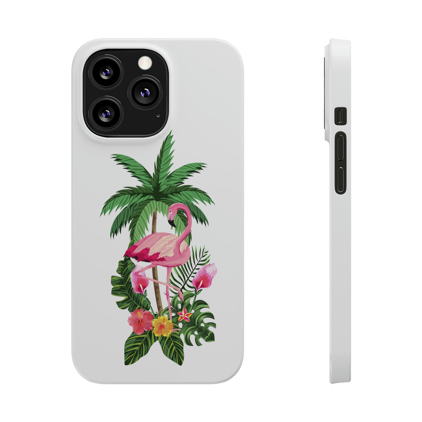 Tropical Pink Flamingo and Flowers White Background Iphone 15-12 Slim Phone Case