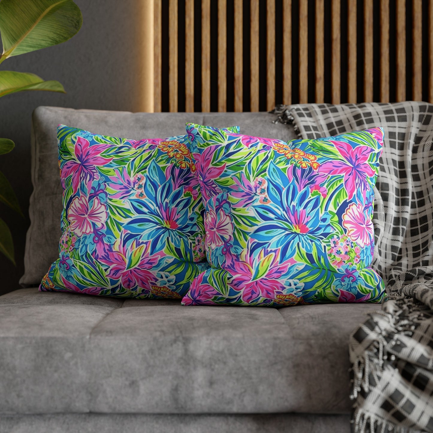 Summer Harmony: Pink and Blue Blooms with Lush Green Leaves Spun Polyester Square Pillowcase 4 Sizes