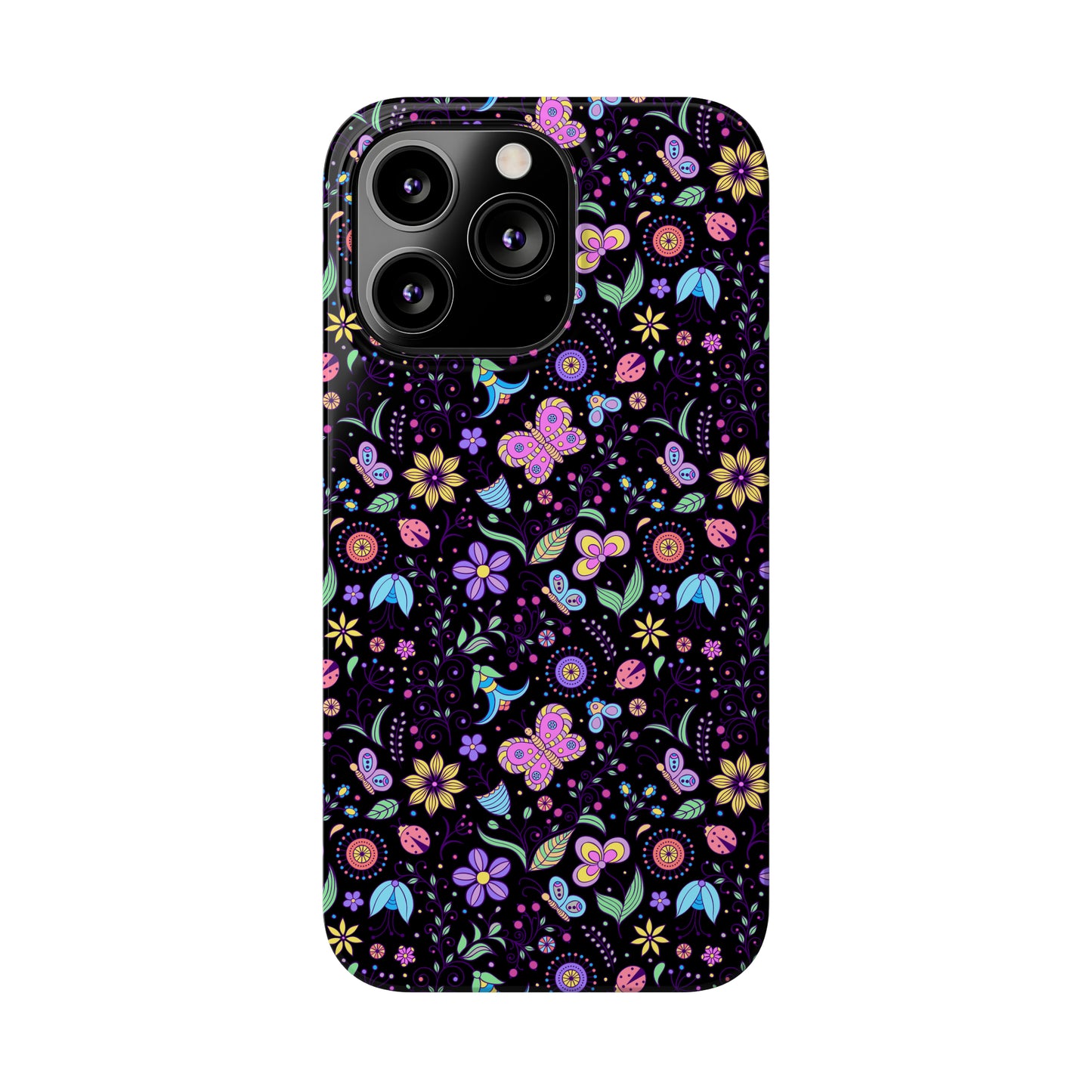 Butterflies and Flowers Black Background Iphone 15-12 Slim Phone Case