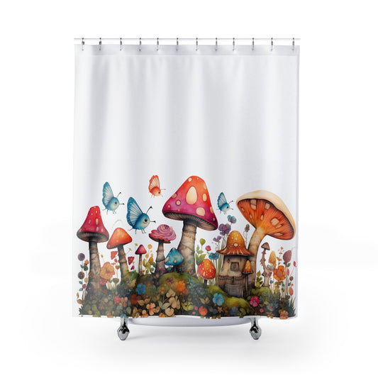 Enchanting Mushroom Cottage Adorned with Butterflies and Toadstools Bathroom Shower Curtain   71" × 74"