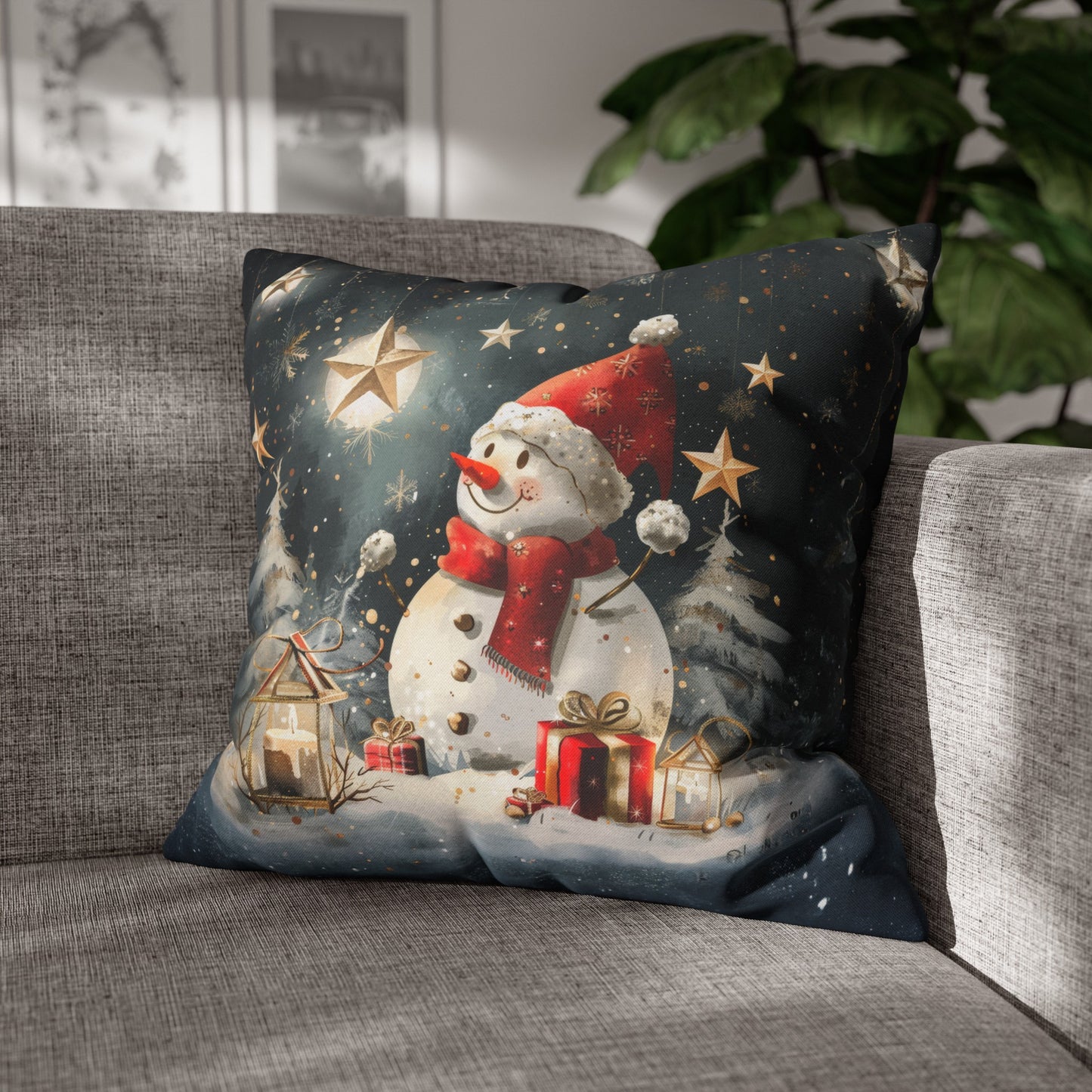 Moonlit Frost: Snowman Basking in Moonlight Surrounded by Presents Spun Polyester Square Pillowcase 4 Sizes