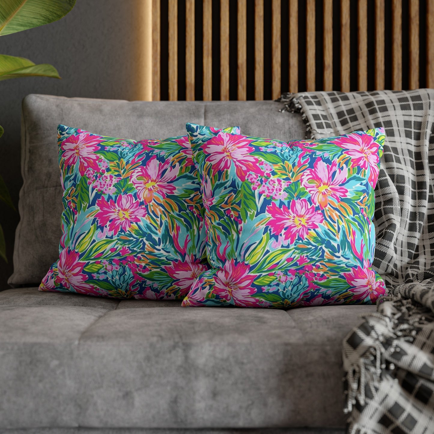 Sunlit Symphony: Large Blooms of Pink, Blue, and Green in Watercolor Spun Polyester Square Pillowcase 4 Sizes