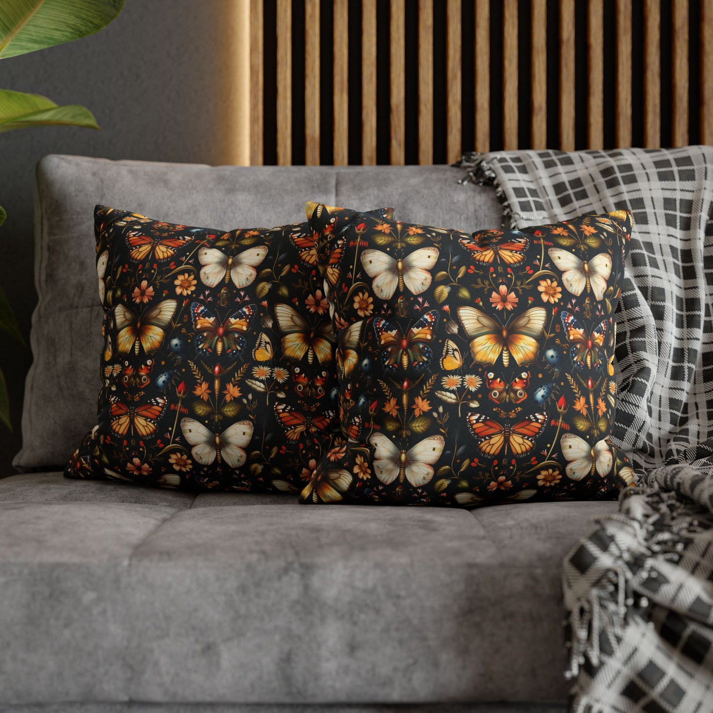 Enchanted Garden of Butterflies and Botanicals in Rich Autumn Hues on a Deep Night Background Polyester Square Pillowcase 4 Sizes