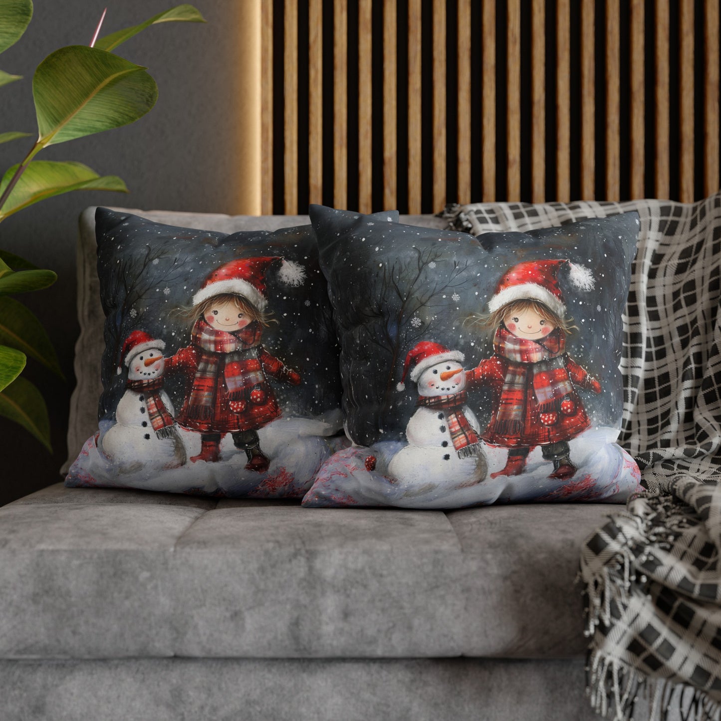 Little Girl and Snowman Sharing Winter's Wonder Spun Polyester Square Pillowcase 4 Sizes