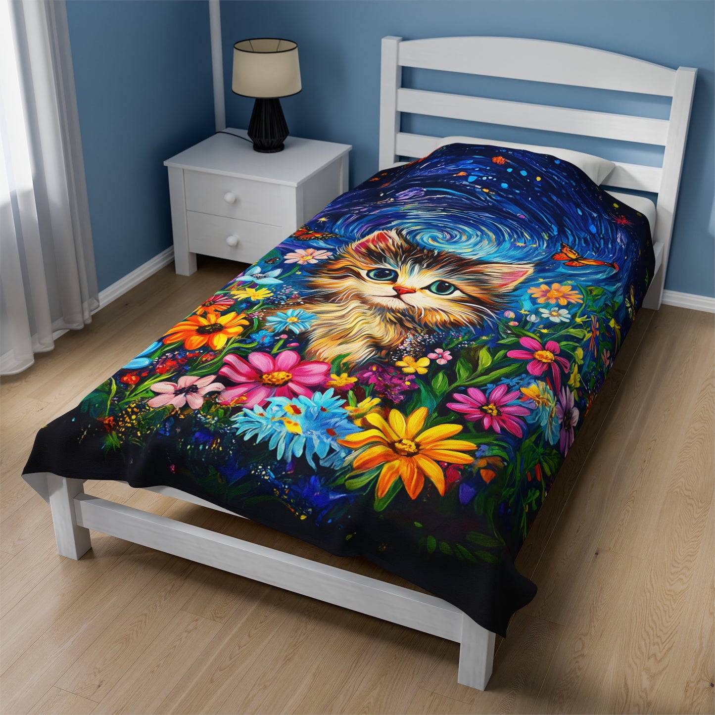 Whimsical Kitten Amidst a Van Gogh-Inspired Floral Fantasy Velveteen Plush Blanket 3 Sizes