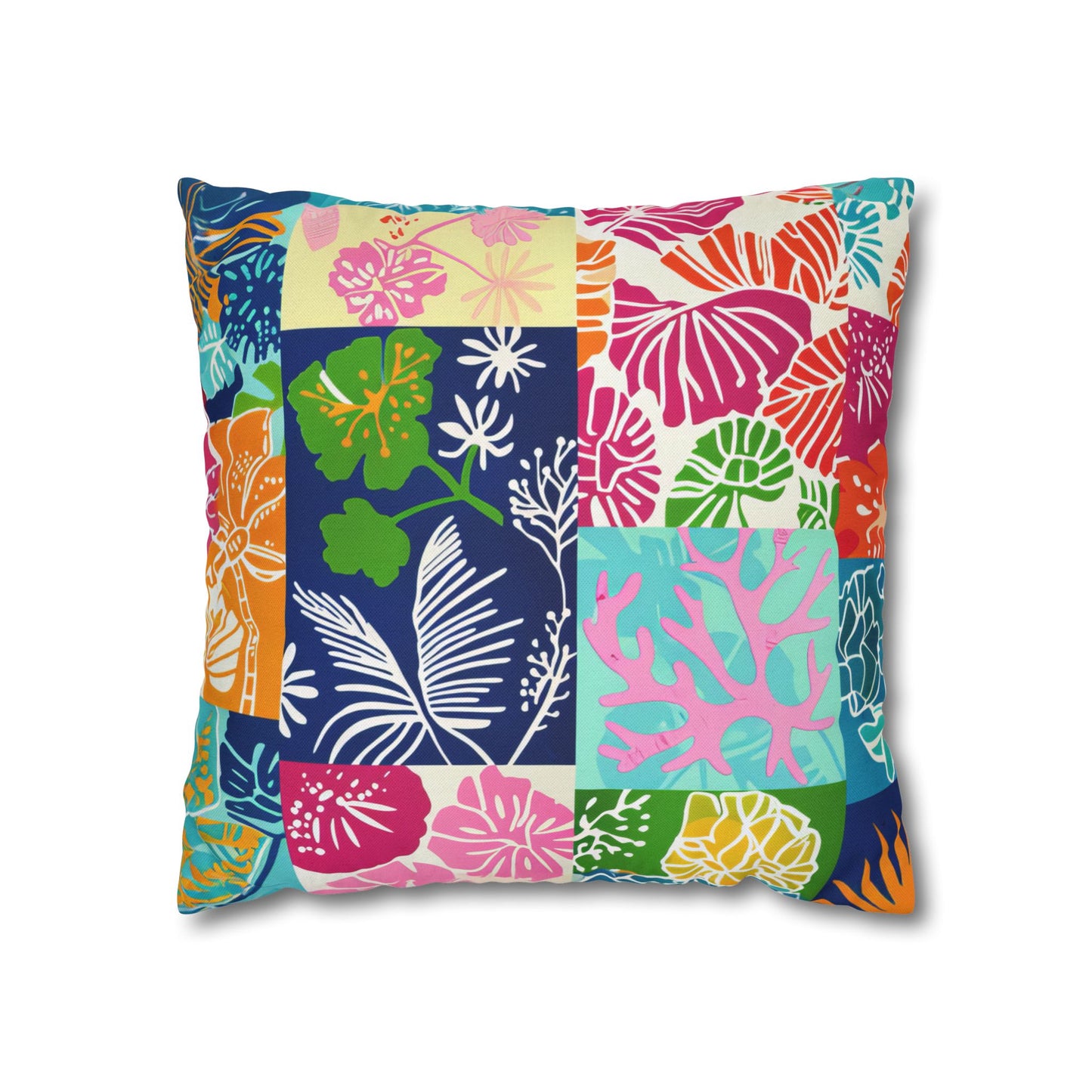 Vibrant Mosaic of Tropical Unique Shapes and Hues, from Vivid Oranges to Deep Blue Leaves and Flowers Spun Polyester Square Pillowcase 4 Sizes