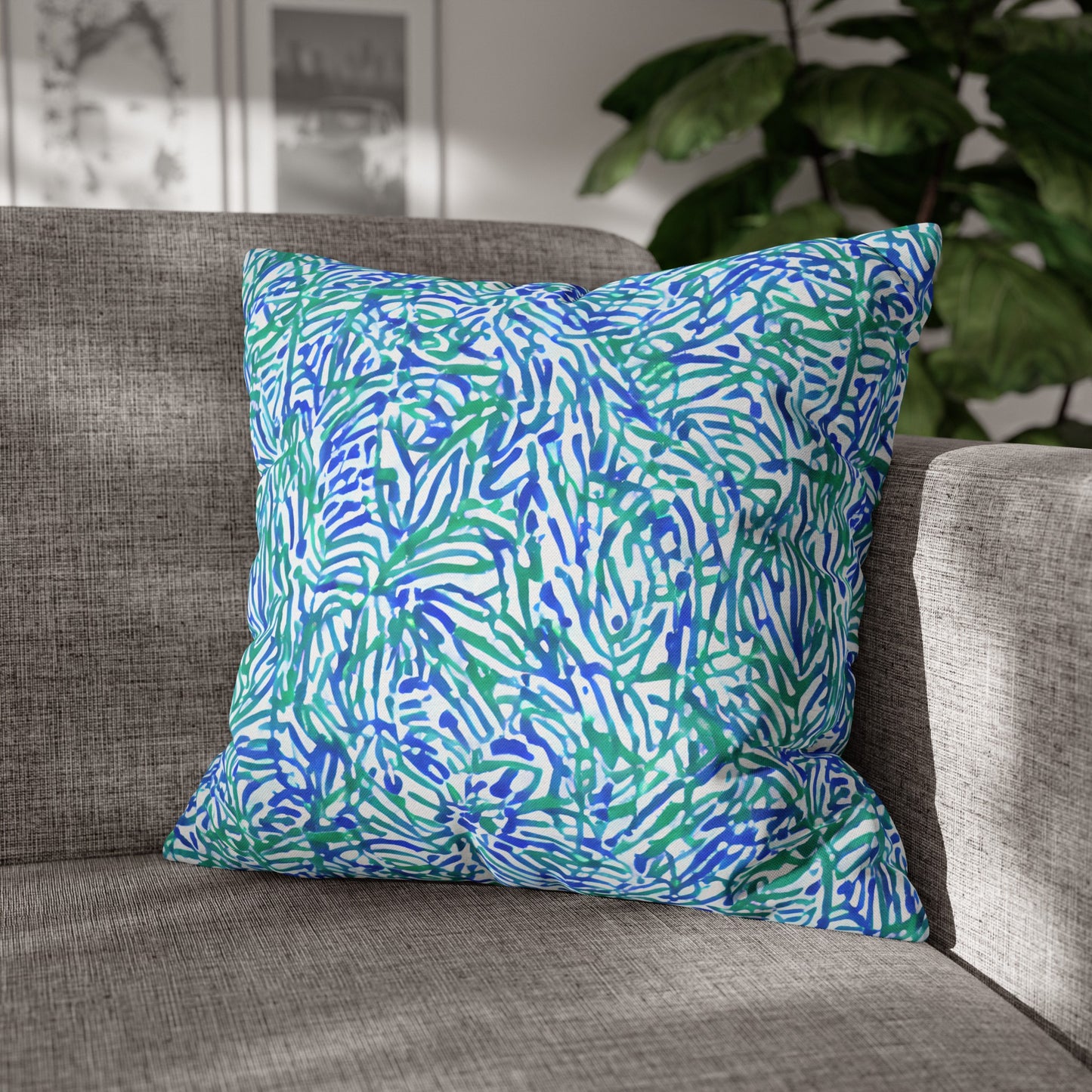 Tropical Fusion: Abstract Palm Leaves in Lime Green and Blue Hues  Spun Polyester Square Pillowcase 4 Sizes