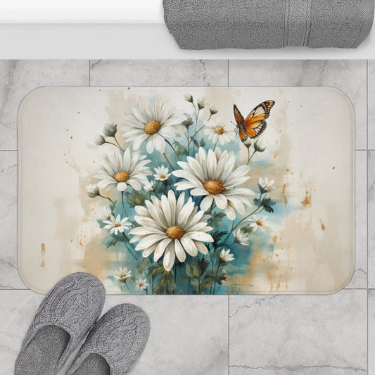 Rustic Farmhouse Teal and White Wild Daisies and Butterflies  - Bathroom Non-Slip Mat 2 Sizes