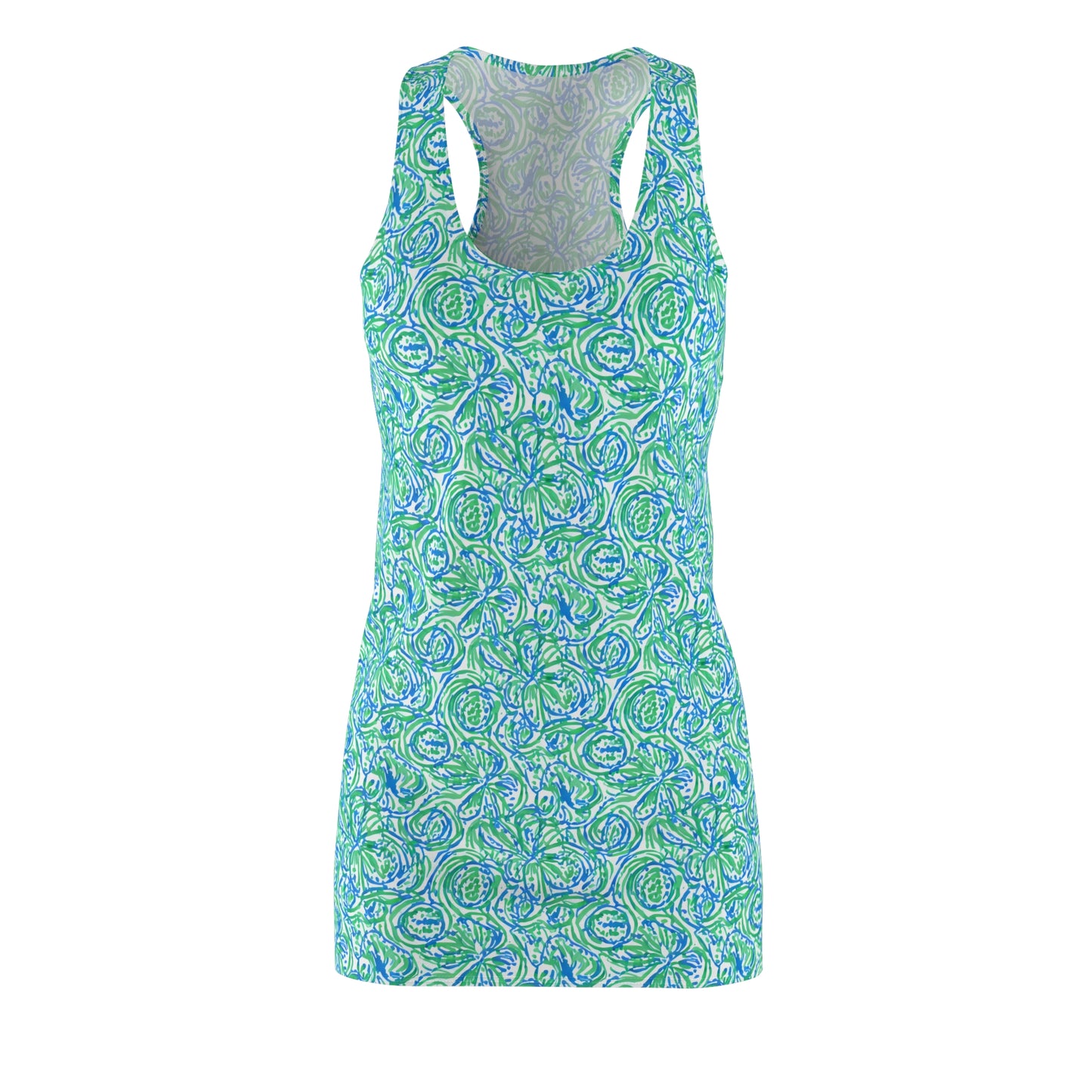 Emerald Tide: Swirling Green and Blue Flowers Women's Racerback Dress XS - 2XL