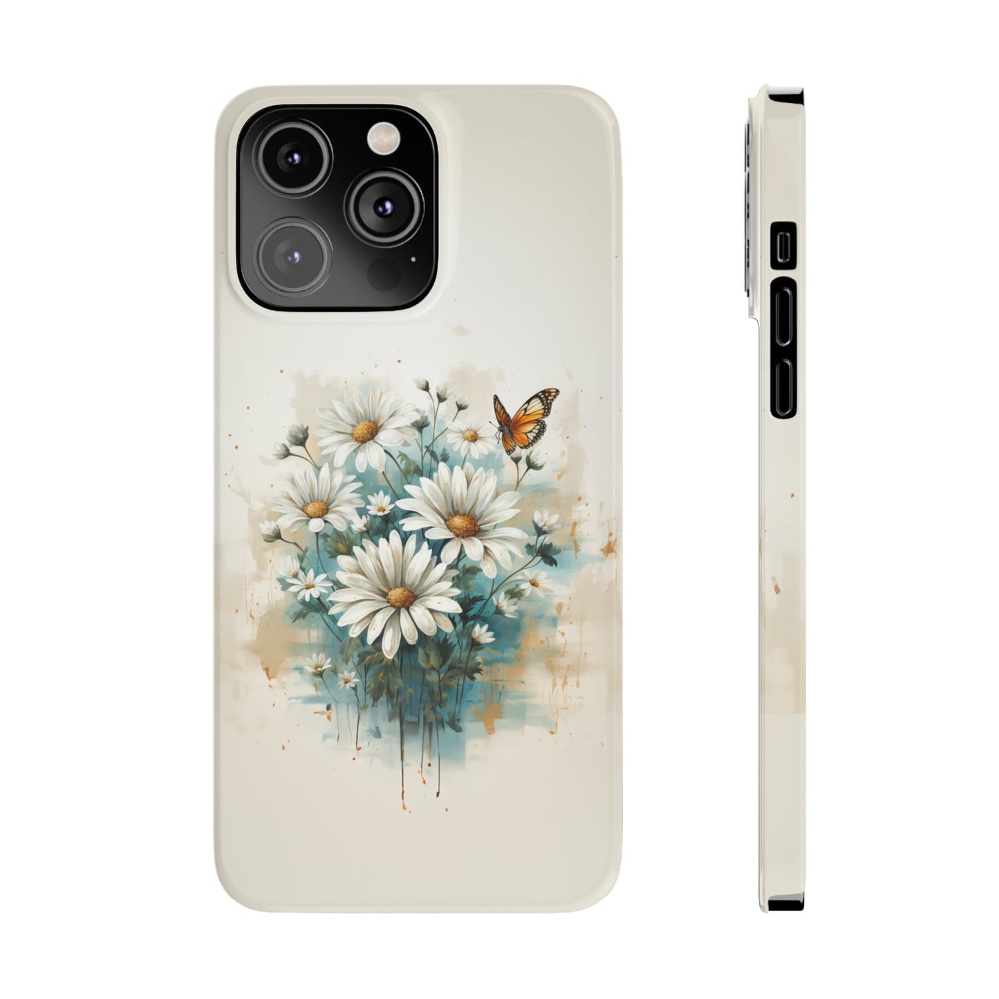 Rustic Farmhouse Teal and White Wild Daisies and Butterflies Iphone 15-12 Slim Phone Case