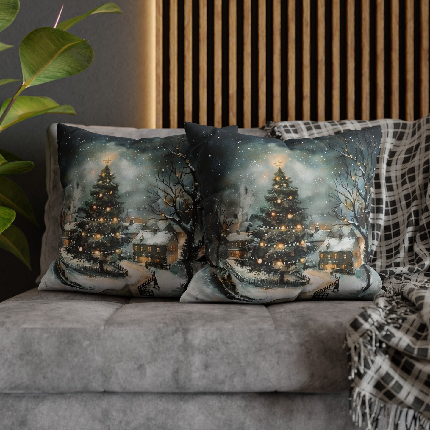 Winter Wonderland Glow: Christmas Tree Illuminating a Snowy Village Spun Polyester Square Pillowcase 4 Sizes