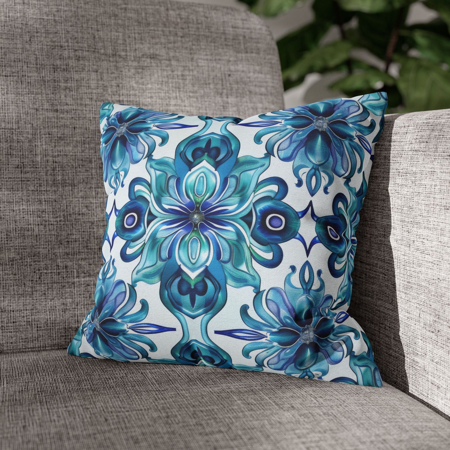 Blossom Symphony of Blue Teal Intricate Floral Pattern Spun Polyester Square Pillowcase 4 Sizes