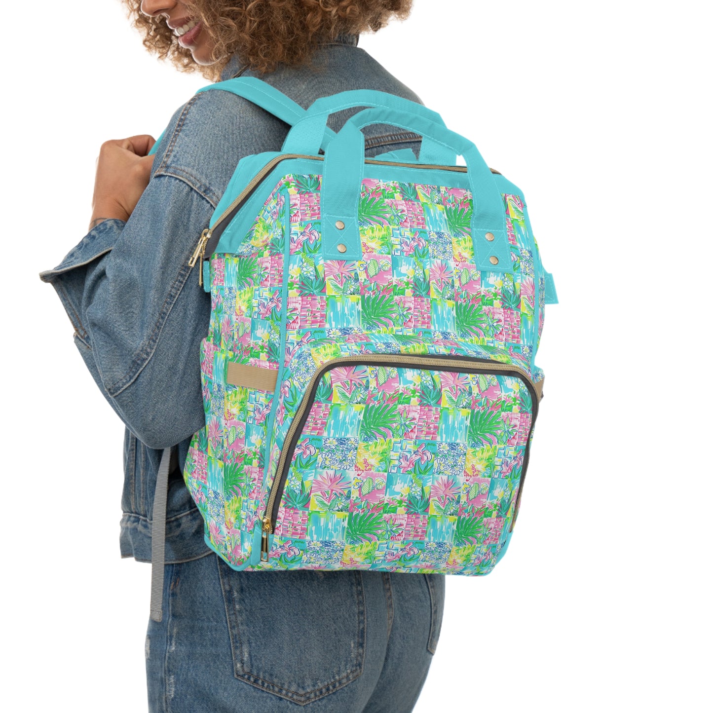 Whimsical Palm Trees and Flowers in Vibrant Pink, Teal, and Green Collage Multifunctional Diaper Backpack