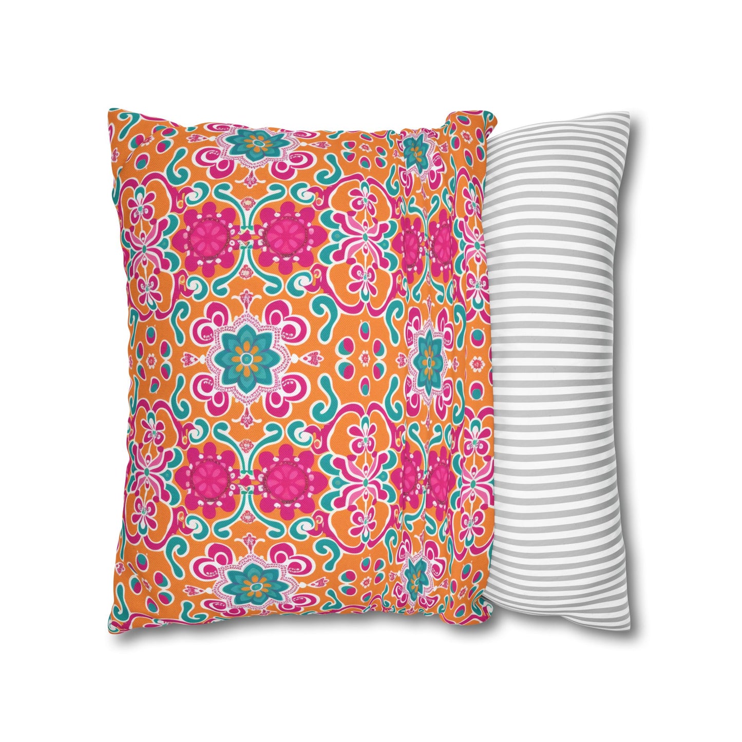 Kaleidoscope of Warm Tangerine, Lush Teal, and Lively Pink Blooms Polyester Square Pillowcase 4 Sizes