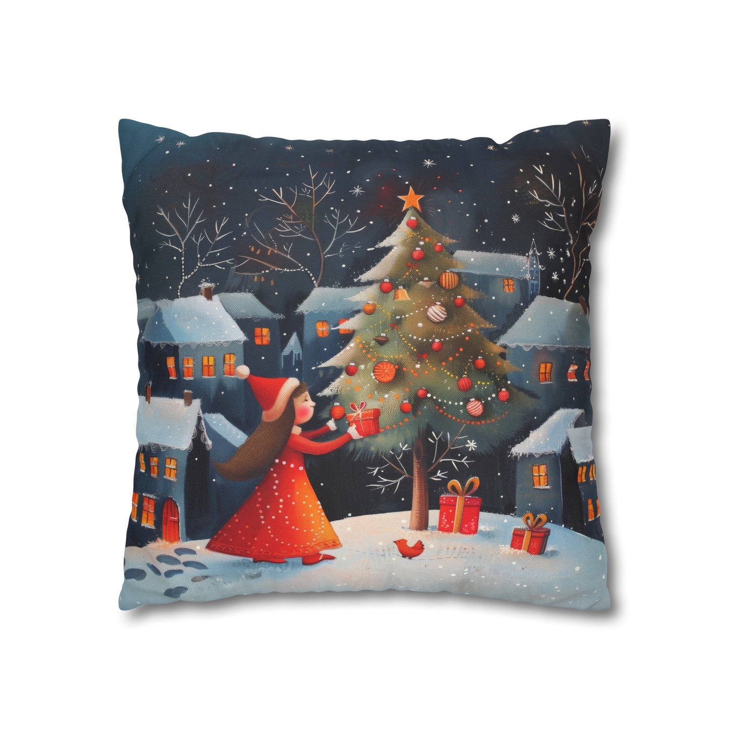 Joyful Surprise: Little Girl Admiring Christmas Tree with Presents Spun Polyester Square Pillowcase 4 Sizes