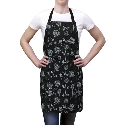 Contrasting Elegance: White Outlined Roses on a Black Background - Kitchen Chef Apron