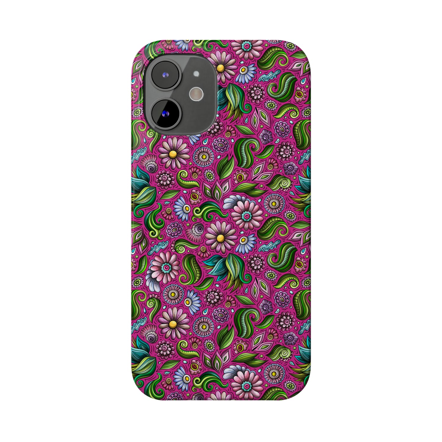 Purple & Pink Daisy Floral Print Hot Pink Background Iphone 15-12 Slim Phone Case