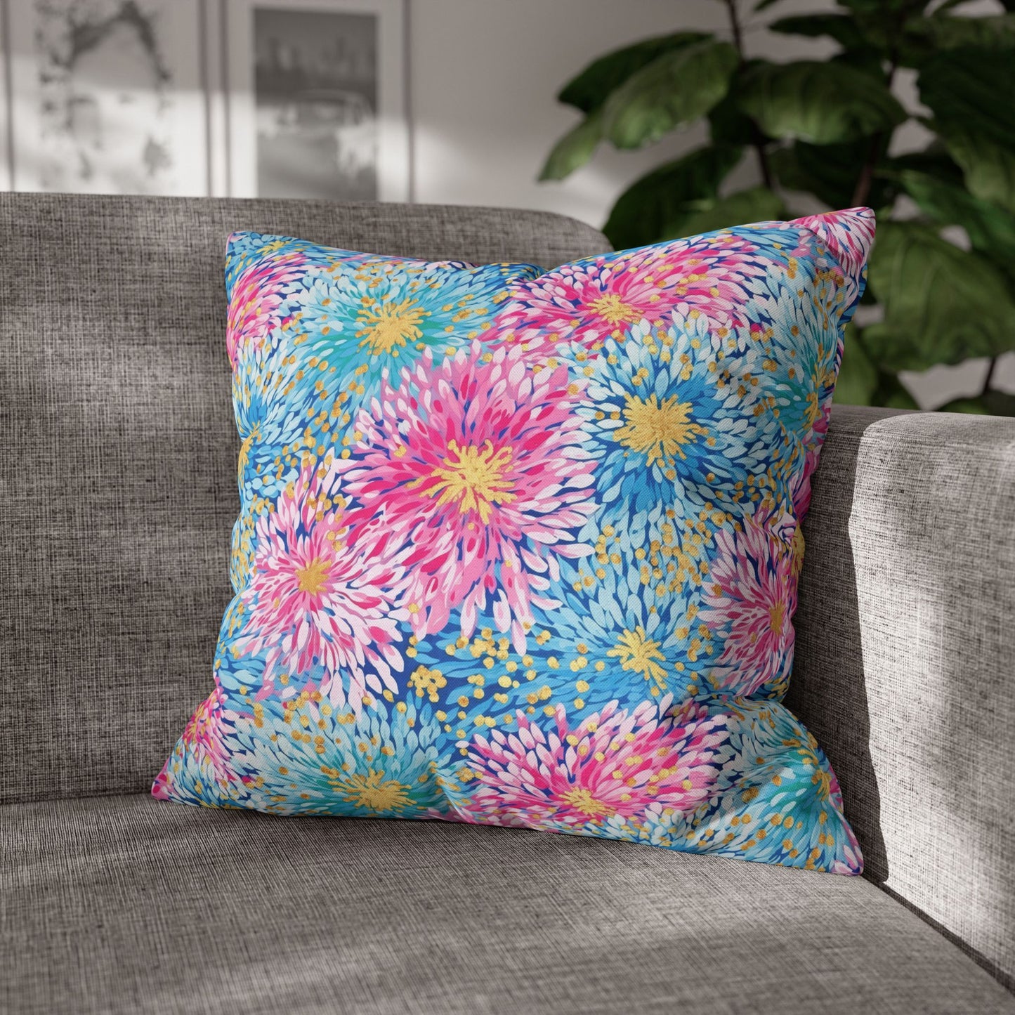 Pastel Harmony: Watercolor Chrysanthemums in Pink, Blue, and Yellow Spun Polyester Square Pillowcase 4 Sizes