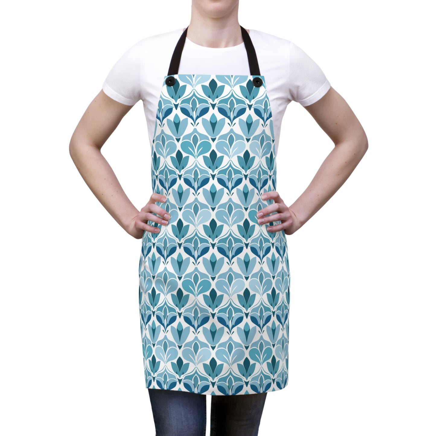 Elegant Floral Pattern in Shades of Aqua and Teal, Forming Graceful Botanical Motifs Kitchen Chef Apron