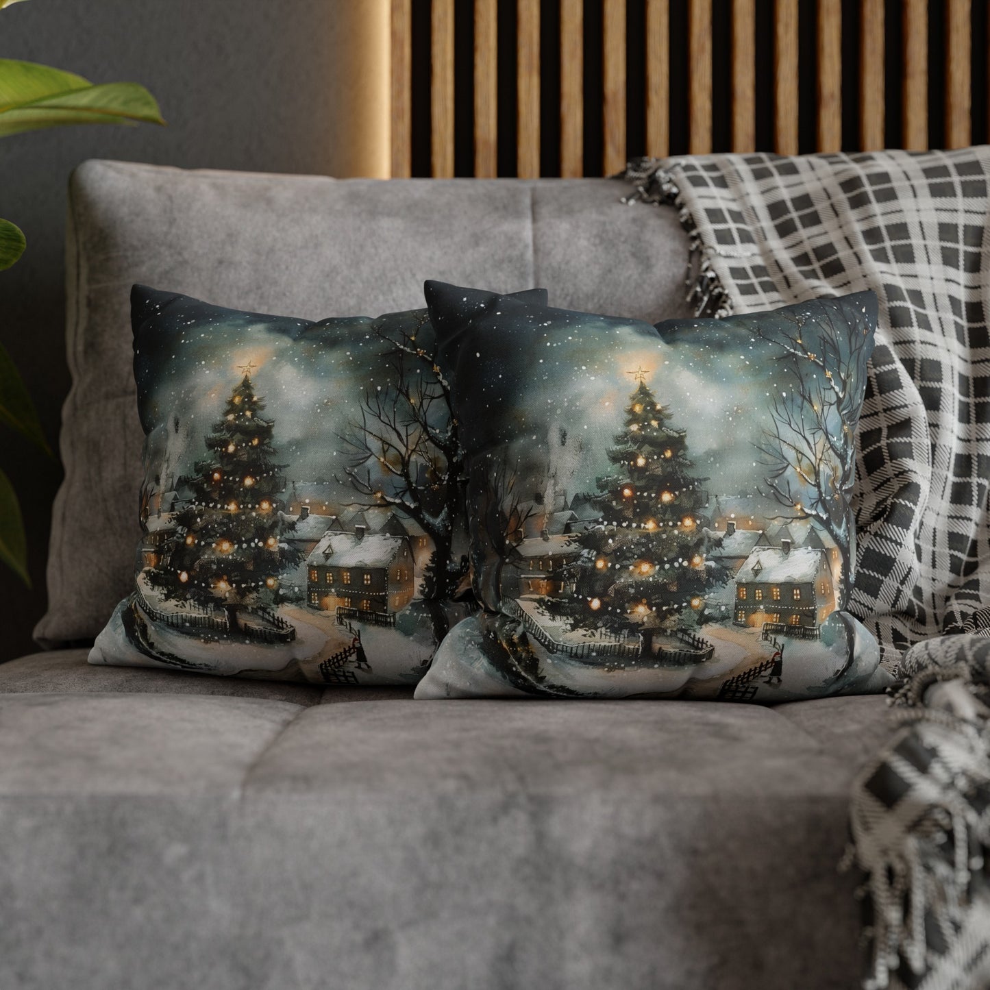 Winter Wonderland Glow: Christmas Tree Illuminating a Snowy Village Spun Polyester Square Pillowcase 4 Sizes