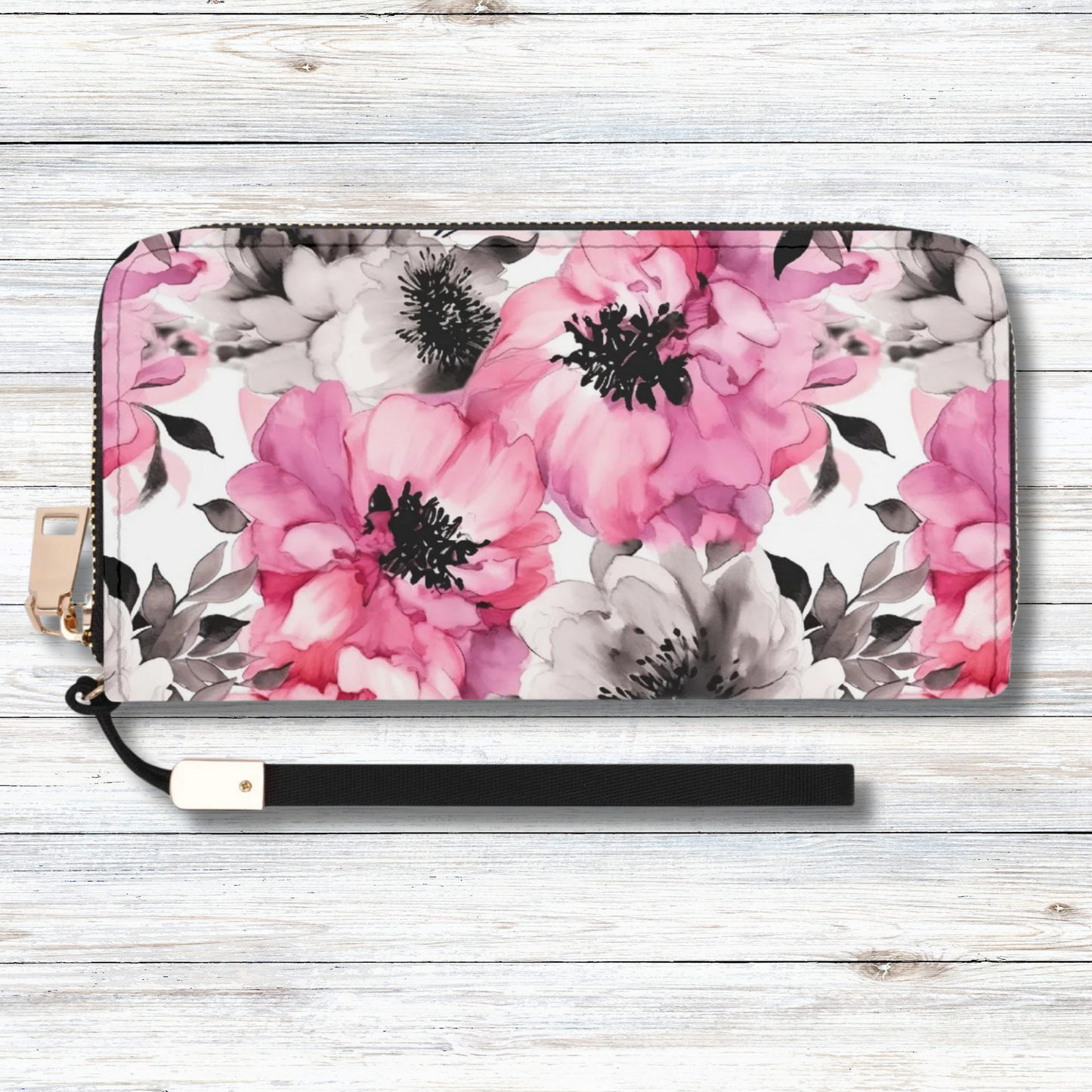 Graceful Elegance: Large Pink and Grey Watercolor Flower Design - Wristlet Wallet Leather (PU)