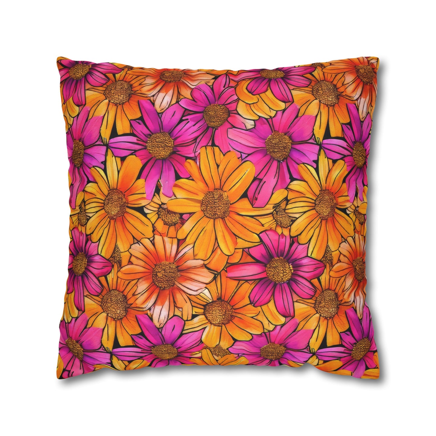 Vibrant Daisy Delight with Bold Orange and Pink Spun Polyester Square Pillowcase 4 Sizes