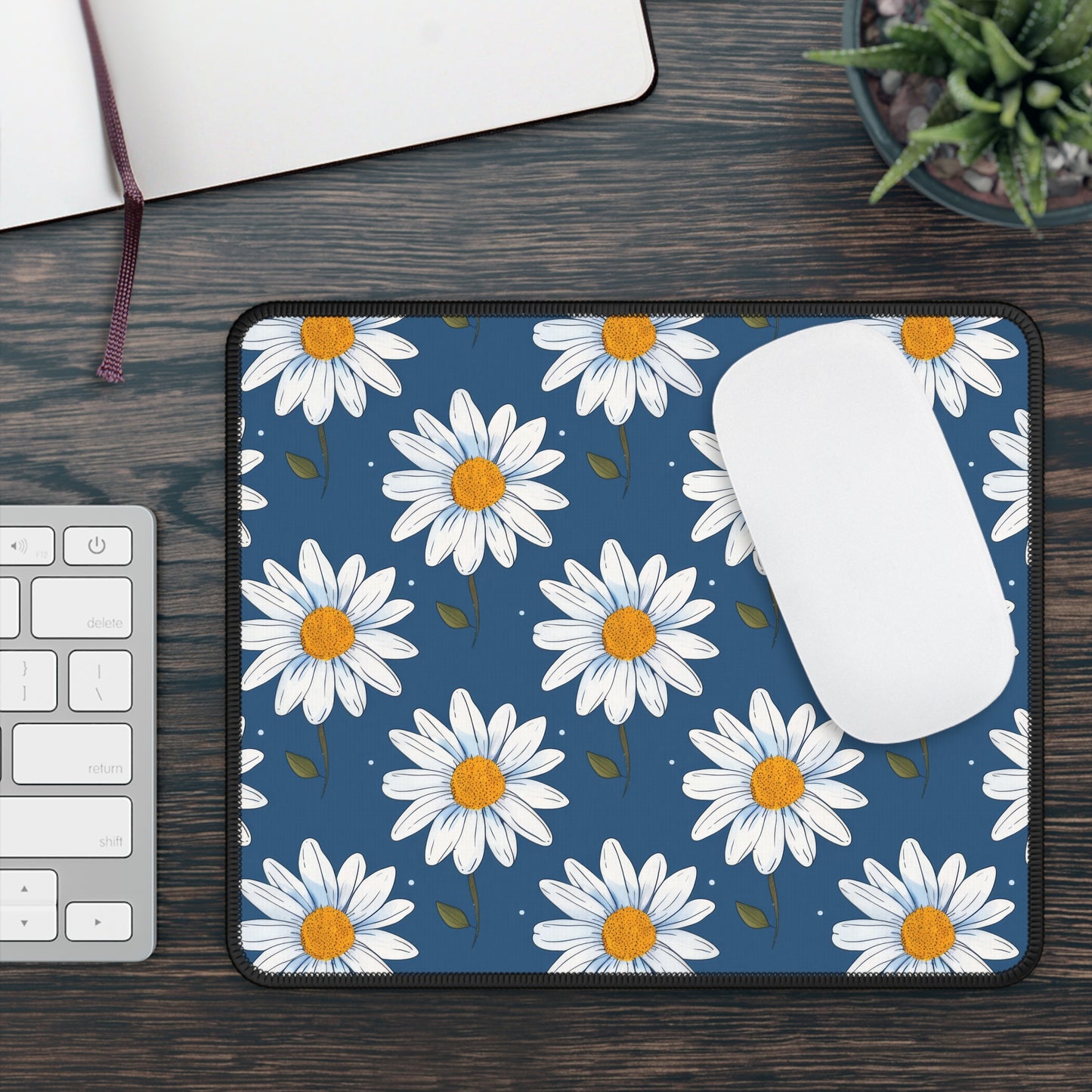 Elegant White Daisies on Navy Blue Background Gaming Mouse Pad with Finished Edges