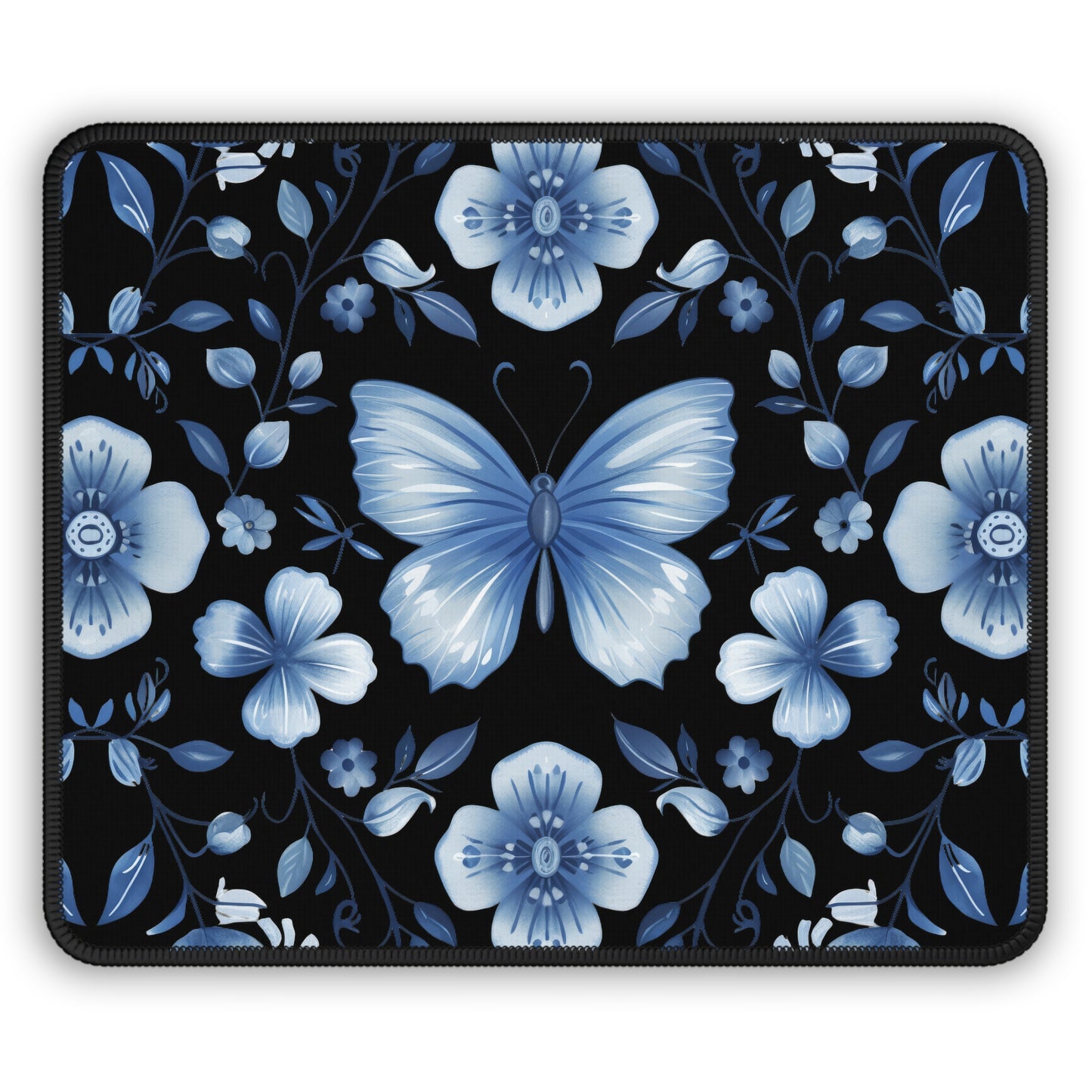 Enchanted Blue Butterflies and Blooms on Black Gaming Mouse Pad with Finished Edges