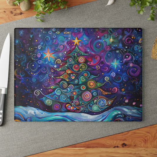 Christmas Tree in Magical Purple Hues, Sparkling Amidst Vibrant Stars Glass Cutting Board 2 Sizes