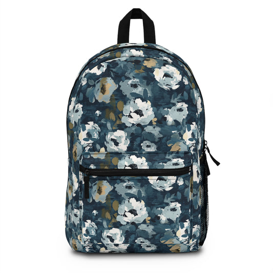 Chic and Artistic Floral Blooms in Shades of Navy, Gray, and Soft Gold Lightweight Stylish Durable Backpack (Made in USA)