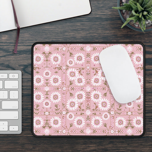 Charming Daisy Pink and White Floral Tile Pattern Gaming Mouse Pad with Finished Edges