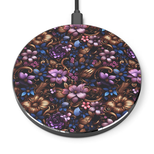 Steampunk Purple and Blue Flowers with Filigree and Gears and Mechanical Elements Wireless Cell Phone 10W Charger